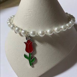 White Pearl Red Tulip Stretch Ankle Bracelet